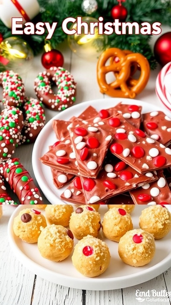 Three easy Christmas desserts: chocolate-covered pretzels, peppermint bark, and no-bake cheesecake bites on a festive table.